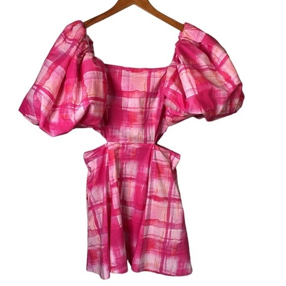 Free People Aureta Ada Mini Dress Fandango Check Cut Outs Short Puff Sleeve - Picture 8 of 15